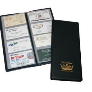 A black business card holder with multiple cards.