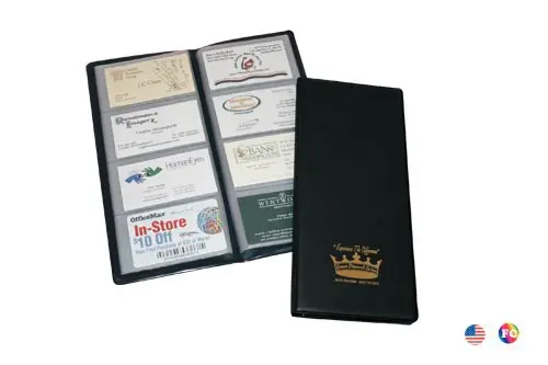 A black business card holder with multiple cards.