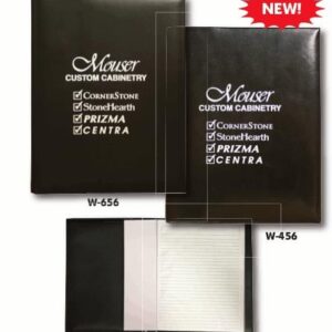 A black folder with white lettering and silver foil.