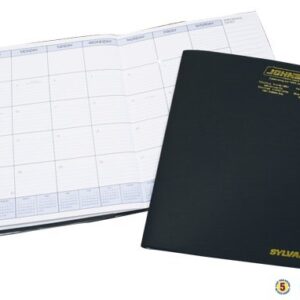 A black and white calendar next to a book.