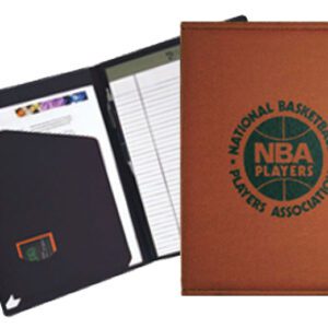 A brown folder with a black cover and a basketball logo.