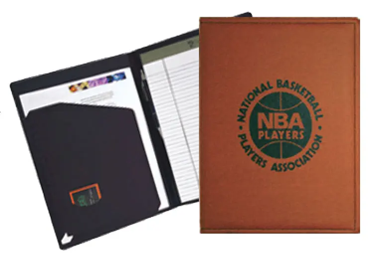 A brown folder with a black cover and a basketball logo.