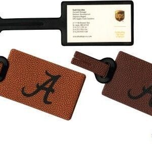 A close up of two luggage tags with an image on them