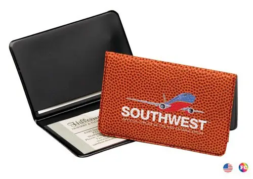 A southwest airlines business card holder with the southwest logo on it.