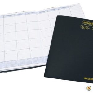 A black and white calendar next to a black book.