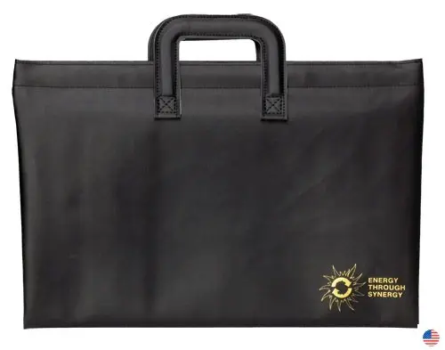 A black bag with a yellow sun logo on it.