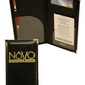 A black folder with gold lettering and a pencil