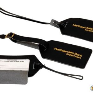 A group of luggage tags with name cards attached.