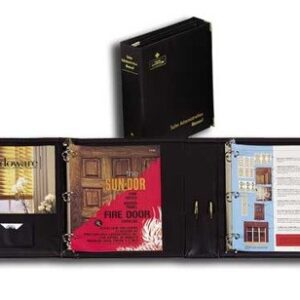 A black binder with multiple pages of books.