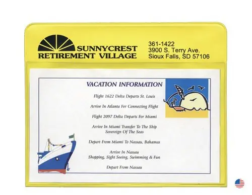 A yellow card with an advertisement for sunnycrest retirement village.